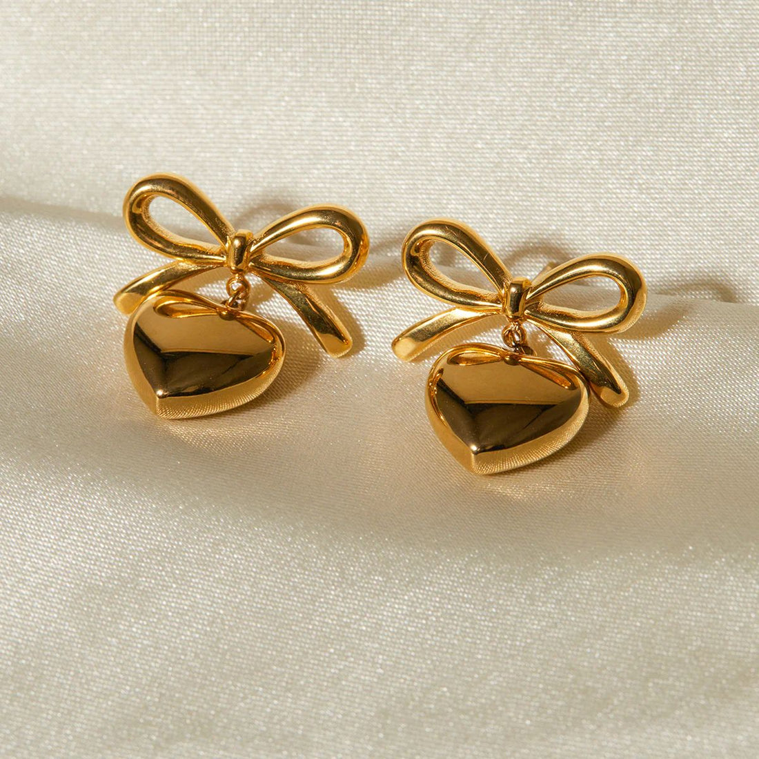 Bow & Heart Drop Earrings – Gold Plated