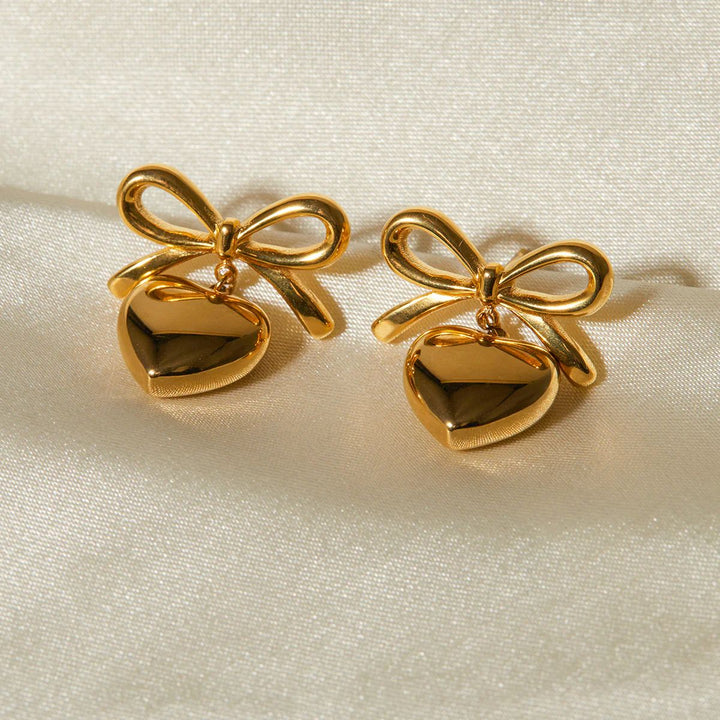 Bow & Heart Drop Earrings – Gold Plated
