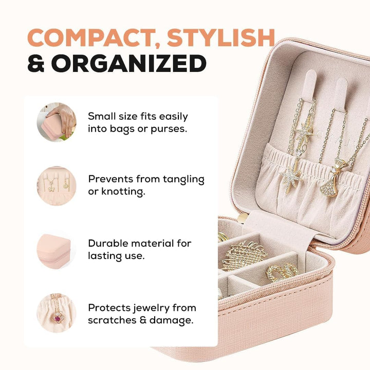 Mini Jewellery Travel Case, PU Leather Organizer Box, Small Portable Jewellery Storage Holder for Womens Rings Necklaces (PEACH)