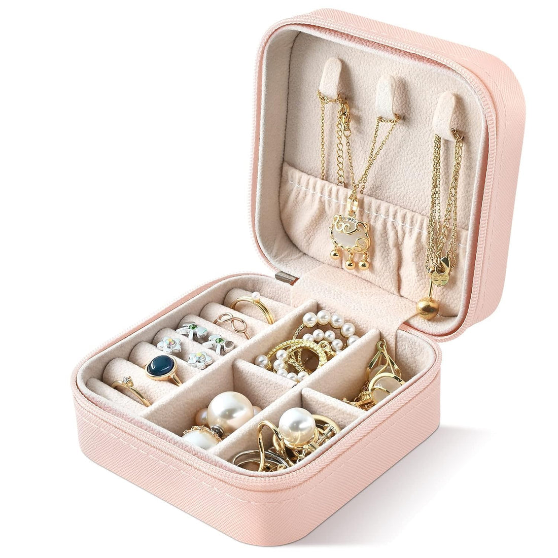 Mini Jewellery Travel Case, PU Leather Organizer Box, Small Portable Jewellery Storage Holder for Womens Rings Necklaces (PEACH)