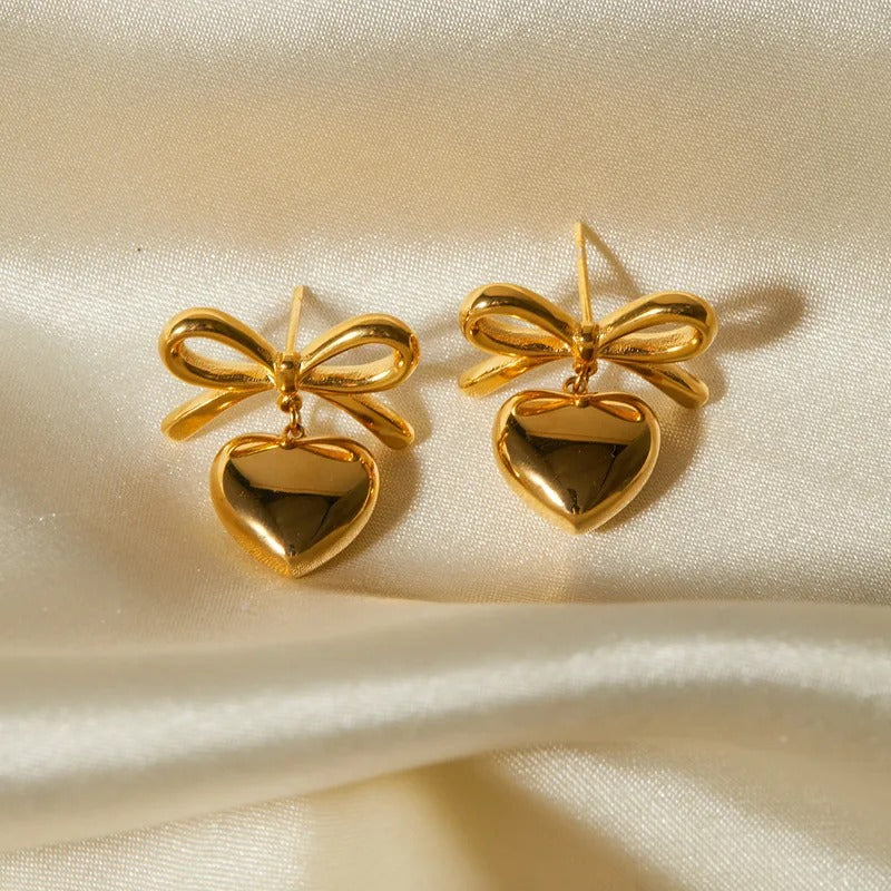 Bow & Heart Drop Earrings – Gold Plated