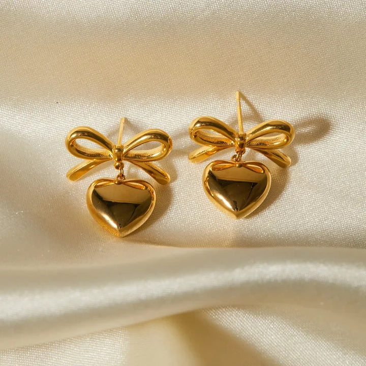 Bow & Heart Drop Earrings – Gold Plated