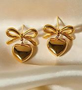 Bow & Heart Drop Earrings – Gold Plated